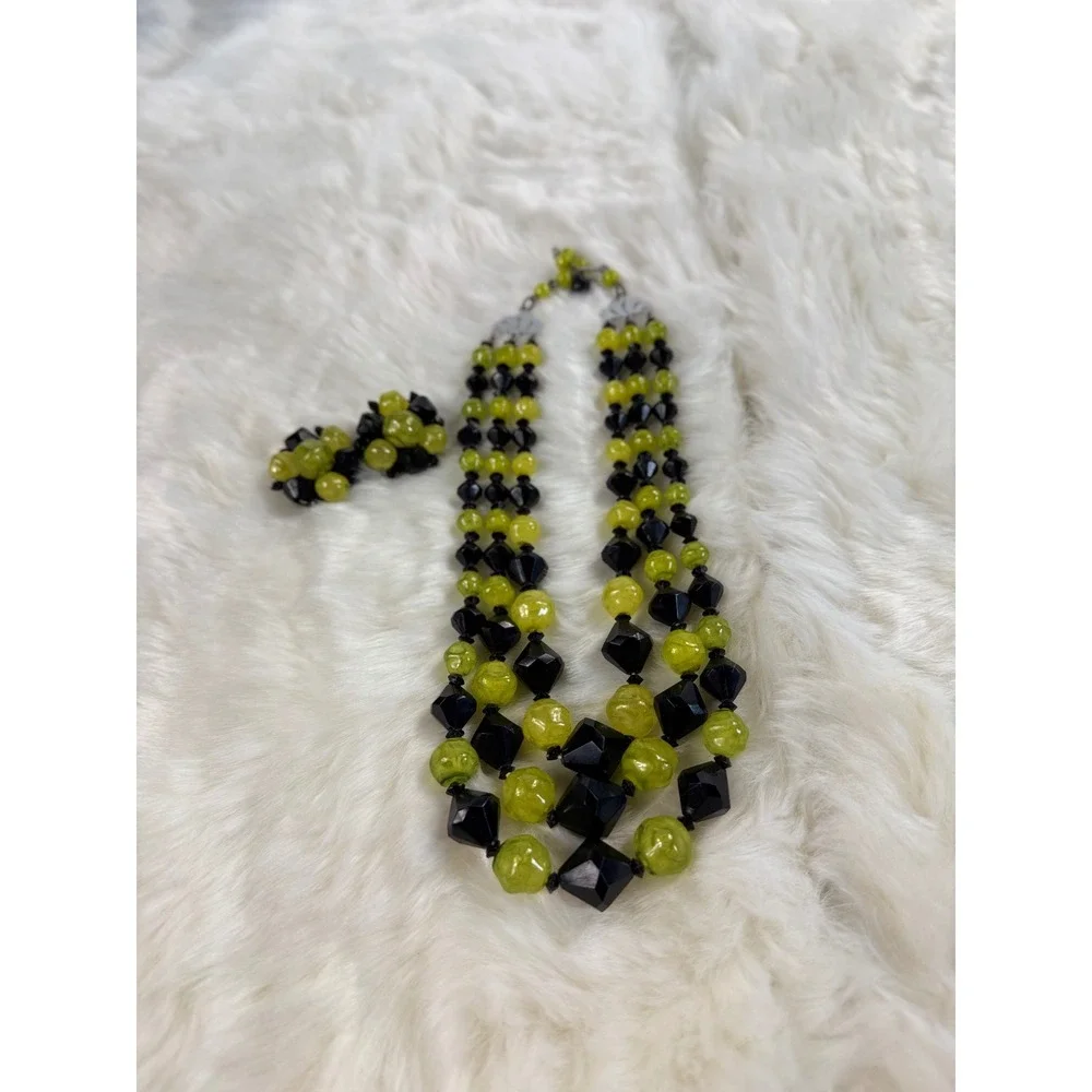 Vintage Hong Kong Lime Green Black Beaded 3‎ Strand Necklace Clip Earring Set